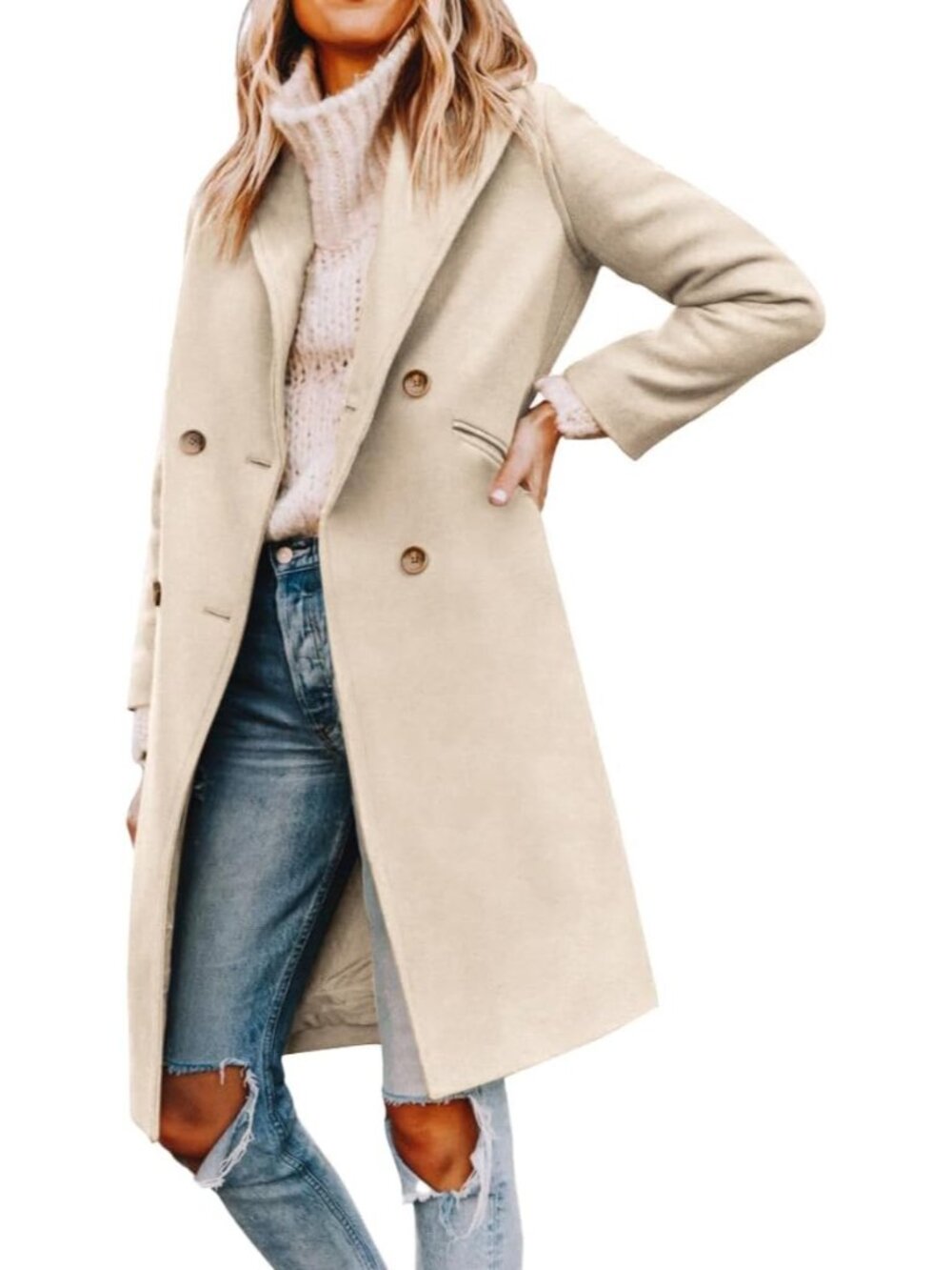 Women’s Beige Notched Lapel Double Breasted Fall Winter Jacket Mid Long Pea Coat